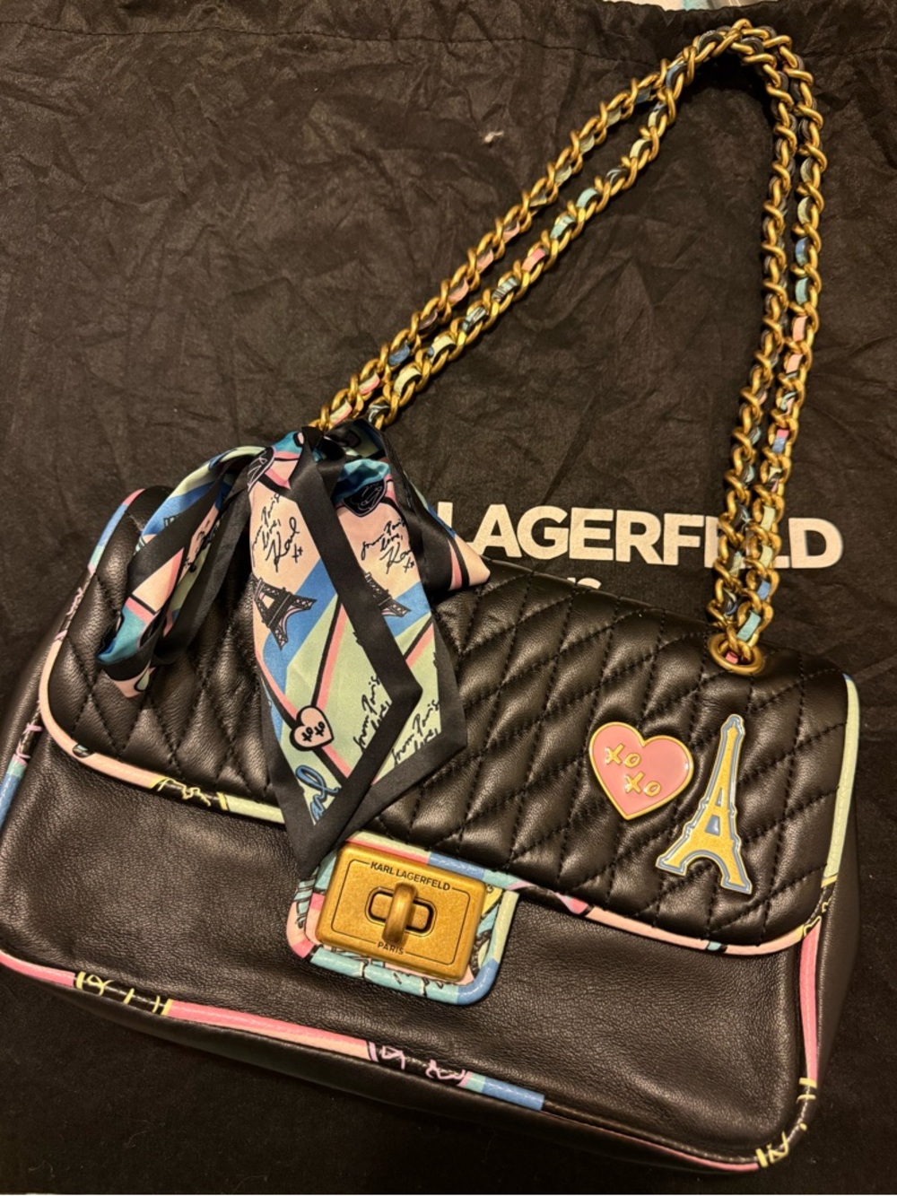 Karl Lagerfeld Black Quilted Shoulder Bag with Pastel Trim and Scarf